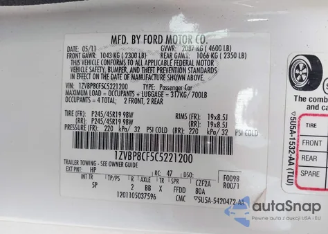 2012 Ford Mustang Gt Premium z USA, uszkodzony, nr VIN 1ZVBP8CF5C5221200